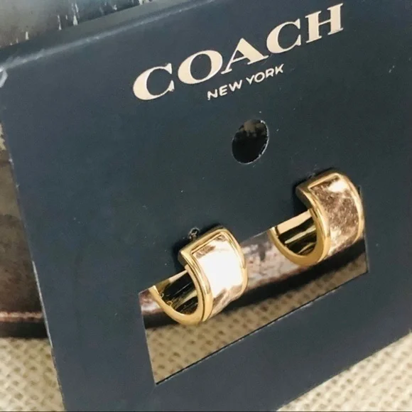 Coach New York Snake-Embossed Leather Gold Tone Hoop Earrings NWT - Picture 3 of 3